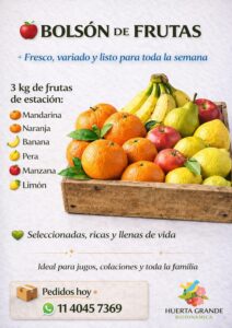 Bolsón frutas 3Kg (Mandarina, Naranja, Banana, Pera, Manzana y Limon)