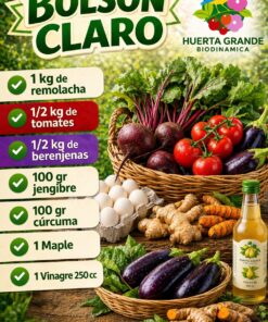 Bolson claro : 1kg remolacha, 1/2kg tomates, 1/2kg berenjenas, 100g jenjibre, 100g curcuma, 1 maple gallinas pastoriles y agroecologicas, 1 vinagre organico 250cc
