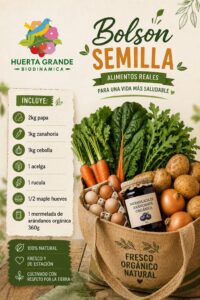 Bolson Semilla : 2 kg papa, 1 kg zanahoria, 1 kg cebollas, 1 acelga, 1 rucula 1/2 maple de huevos y 1 mermelada arandanos organica 360g