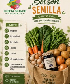 Bolson Semilla : 2 kg papa, 1 kg zanahoria, 1 kg cebollas, 1 acelga, 1 rucula 1/2 maple de huevos y 1 mermelada arandanos organica 360g