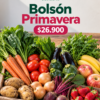 Bolson Primavera: 1kg papa, 1kg tomate, 500g zanahoria, 500g cebolla, 500g zapallito, 500g berenjena, 500g remolacha, 1 espinaca, y 1 rucula. 500g banana, 500g manzana, 500 g frutillas